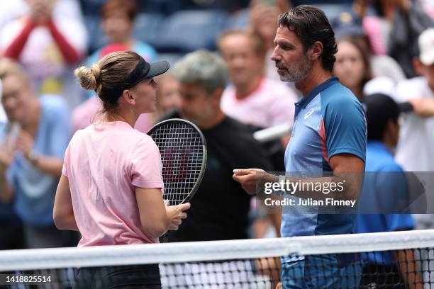 Simona Halep of Romania in a practice session with coach Patrick Mouratoglou during previews for the 2022 US Open tennis at USTA Billie Jean King...