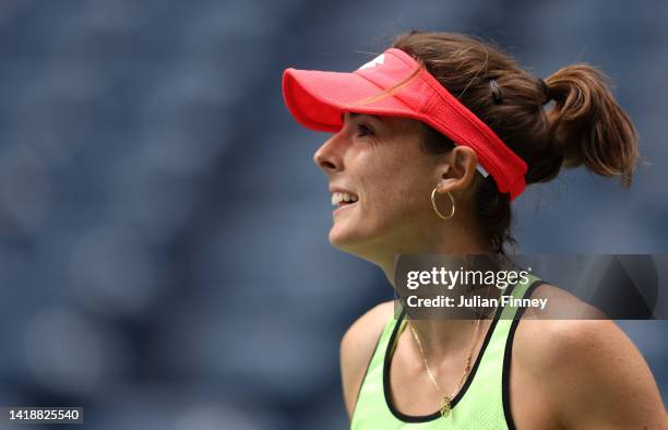 Alize Cornet of France looks on during previews for the 2022 US Open tennis at USTA Billie Jean King National Tennis Center on August 28, 2022 in the...