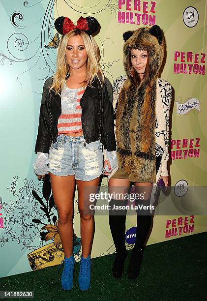 Actresses Ashley Tisdale and Samantha Droke attend Perez Hilton's Mad Hatter tea party birthday celebration on March 24, 2012 in Los Angeles,...