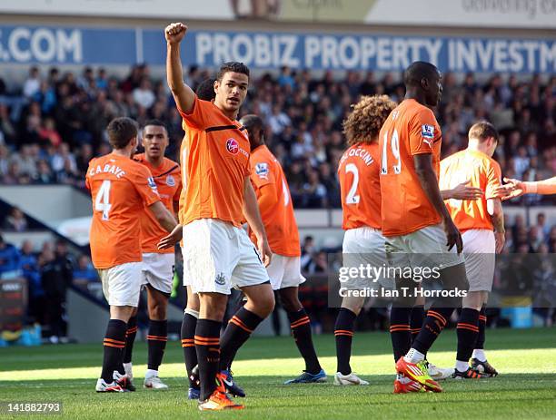 Hatem Ben Arfa of Newcastle United celebrates after scoring the second goal during the Barclays Premier League match between West Bromwich Albion and...