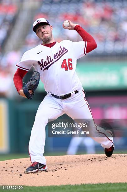 Patrick Corbin of the Washington Nationals pitches in the first inning against the Cincinnati Reds at Nationals Park on August 28, 2022 in...