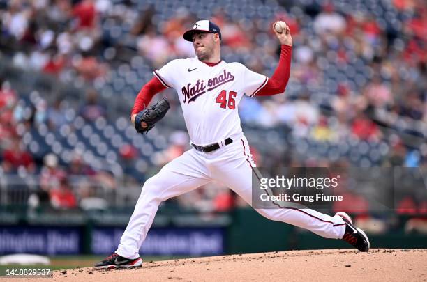 Patrick Corbin of the Washington Nationals pitches in the second inning against the Cincinnati Reds at Nationals Park on August 28, 2022 in...