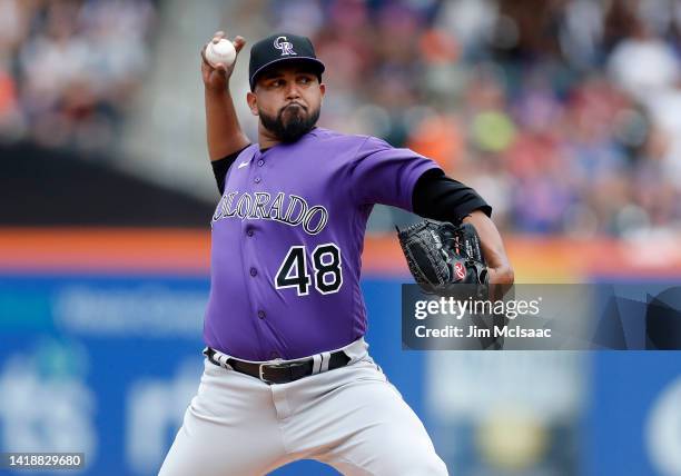 German Marquez of the Colorado Rockies pitches during the third inning against the New York Mets at Citi Field on August 28, 2022 in New York City.