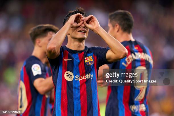 Pedro Gonzalez Lopez "Pedri" of FC Barcelona celebrates after scoring his team's second goal during the LaLiga Santander match between FC Barcelona...