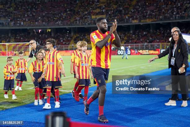 Samuel Umtiti of US Lecce during the Serie A match between US Lecce and Empoli FC at Stadio Via del Mare on August 28, 2022 in Lecce, Italy.