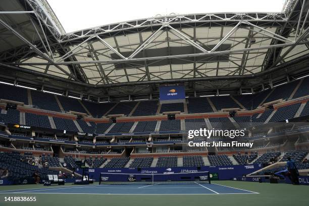 General view inside Arthur Ashe stadium during previews for the 2022 US Open tennis at USTA Billie Jean King National Tennis Center on August 28,...