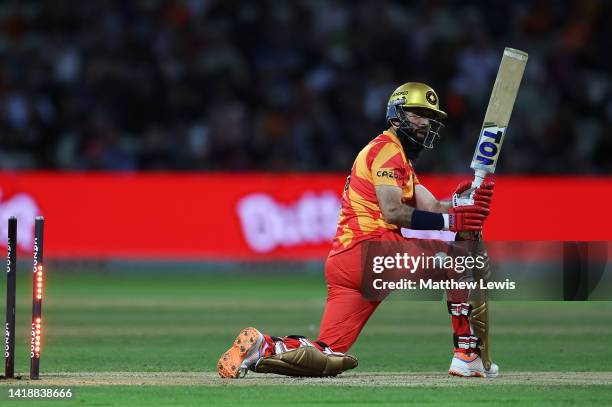 Moeen Ali of Birmingham Phoenix looks on, after he is bowled by Tom Hartley of Manchester Originals during the Hundred match between Birmingham...