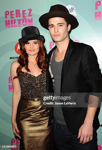 Actress Debby Ryan and actor Spencer Boldman attend Perez Hilton's Mad Hatter tea party birthday celebration on March 24, 2012 in Los Angeles,...