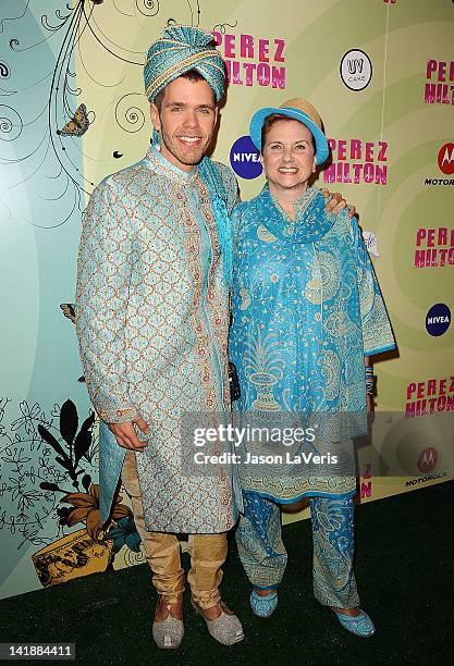 Perez Hilton and his mother attend his Mad Hatter tea party birthday celebration on March 24, 2012 in Los Angeles, California.