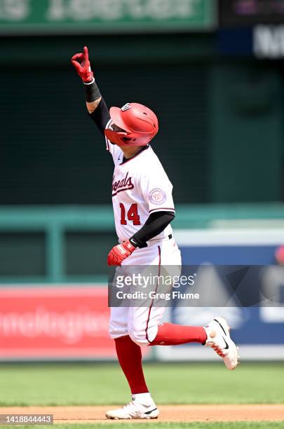 Ildemaro Vargas of the Washington Nationals rounds the bases after hitting a home run in the fifth inning against the Cincinnati Reds at Nationals...