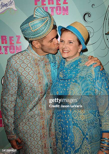 Perez Hilton and his mother attend his Mad Hatter tea party birthday celebration on March 24, 2012 in Los Angeles, California.