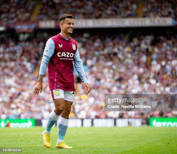 Philippe Coutinho of Aston Villa in action during the Premier League match between Aston Villa and West Ham United at Villa Park on August 28, 2022...