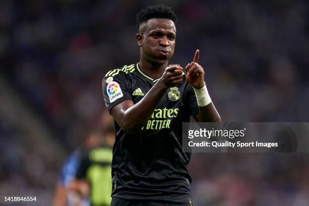 Vinicius Junior of Real Madrid CF celebrates after scoring his team's first goal during the LaLiga Santander match between RCD Espanyol and Real...