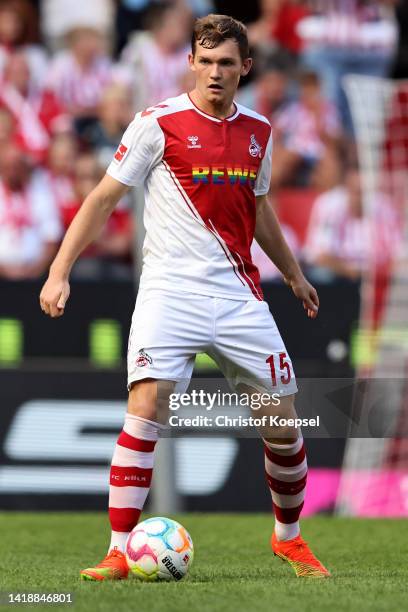 Luca Kilian of Koeln runs with the ball during the Bundesliga match between 1. FC Köln and VfB Stuttgart at RheinEnergieStadion on August 28, 2022 in...