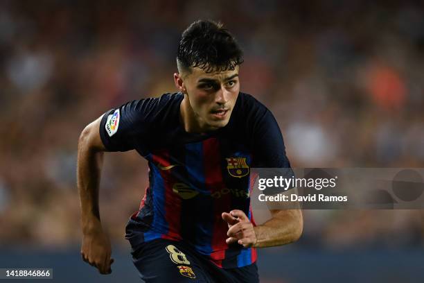 Pedri of FC Barcelona looks on during the LaLiga Santander match between FC Barcelona and Real Valladolid CF at Camp Nou on August 28, 2022 in...