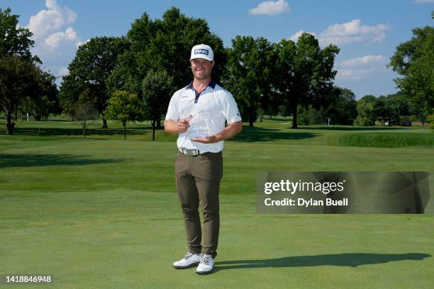 David Lingmerth of Sweden poses with the trophy after winning the Nationwide Children's Hospital Championship at OSU GC - Scarlet Course on August...