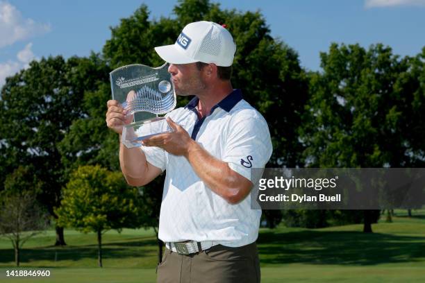David Lingmerth of Sweden kisses the trophy after winning the Nationwide Children's Hospital Championship at OSU GC - Scarlet Course on August 28,...