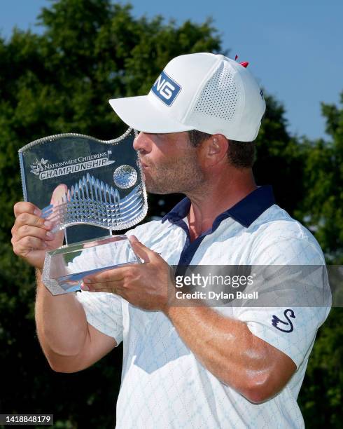 David Lingmerth of Sweden kisses the trophy after winning the Nationwide Children's Hospital Championship at OSU GC - Scarlet Course on August 28,...
