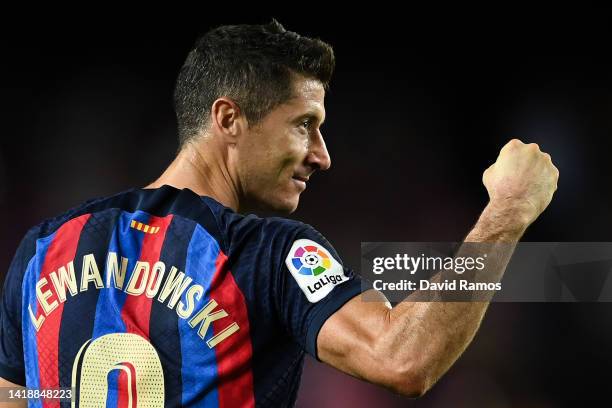 Robert Lewandowski of FC Barcelona celebrates after scoring his team's third goal during the LaLiga Santander match between FC Barcelona and Real...