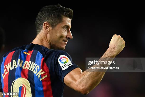 Robert Lewandowski of FC Barcelona celebrates after scoring his team's third goal during the LaLiga Santander match between FC Barcelona and Real...