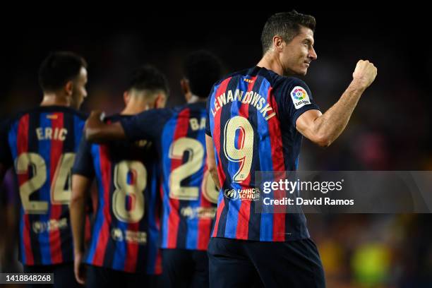 Robert Lewandowski of FC Barcelona celebrates after scoring his team's third goal during the LaLiga Santander match between FC Barcelona and Real...