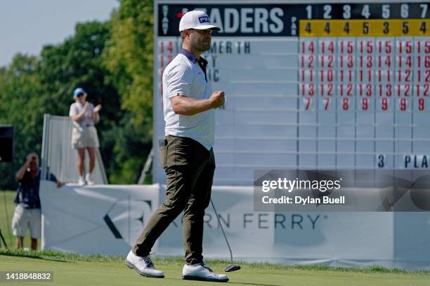 David Lingmerth of Sweden reacts after making birdie on the 18th green to win the Nationwide Children's Hospital Championship at OSU GC - Scarlet...