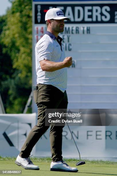 David Lingmerth of Sweden reacts after making birdie on the 18th green to win the Nationwide Children's Hospital Championship at OSU GC - Scarlet...