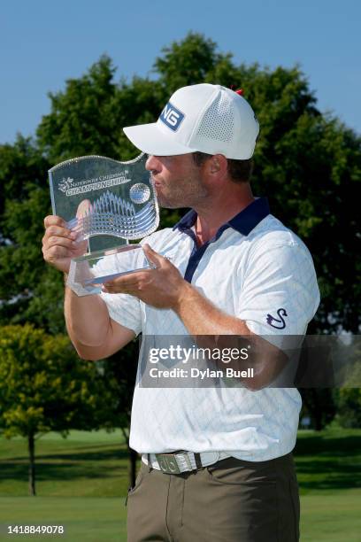 David Lingmerth of Sweden kisses the trophy after winning the Nationwide Children's Hospital Championship at OSU GC - Scarlet Course on August 28,...