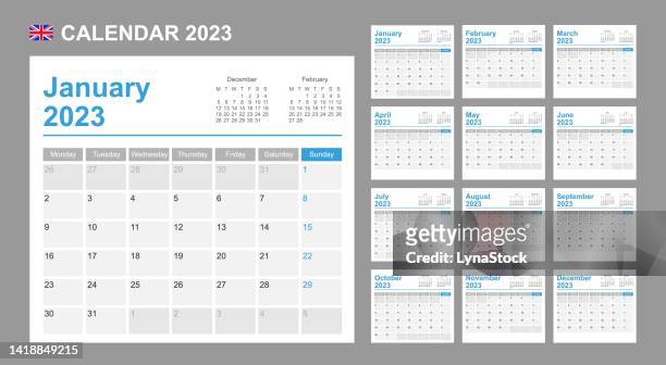 uk calendar for 2023. week starts on monday. simple vector template. business design planner. - january vector stock illustrations