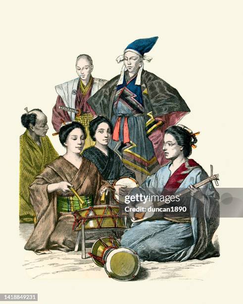 traditional costumes of japan, japanese female musicians, drums, lute, magistrate, 19th century history of fashion - female drummer stock illustrations