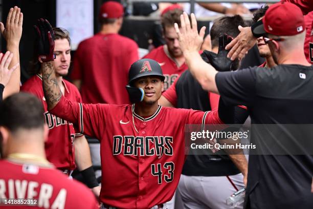 Sergio Alcantara of the Arizona Diamondbacks celebrates his solo home run in the eighth inning against the Chicago White Sox at Guaranteed Rate Field...