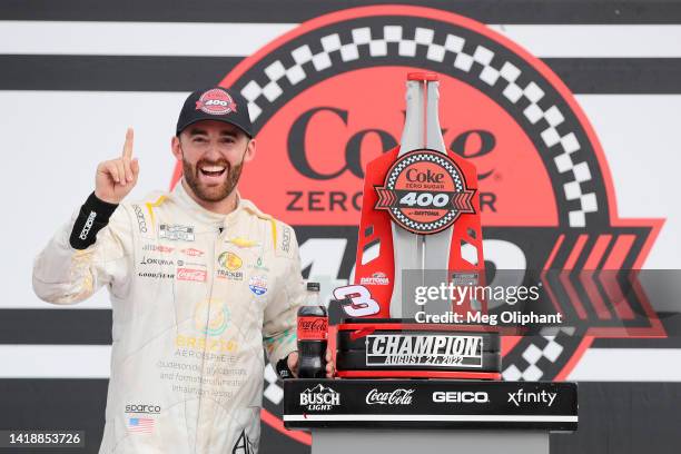 Austin Dillon, driver of the BREZTRI Chevrolet, celebrates in victory lane after winning the NASCAR Cup Series Coke Zero Sugar 400 at Daytona...