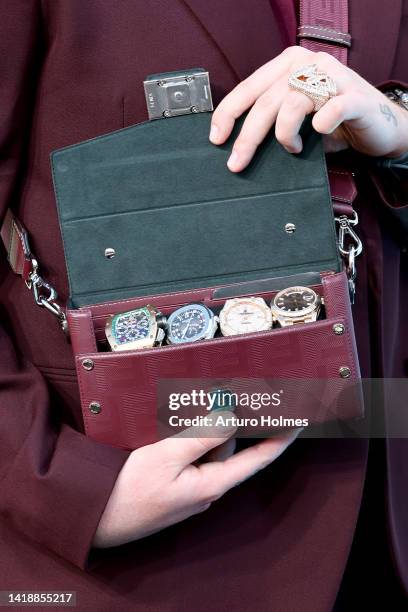 Murda Beatz, bag detail, attends the 2022 MTV VMAs at Prudential Center on August 28, 2022 in Newark, New Jersey.