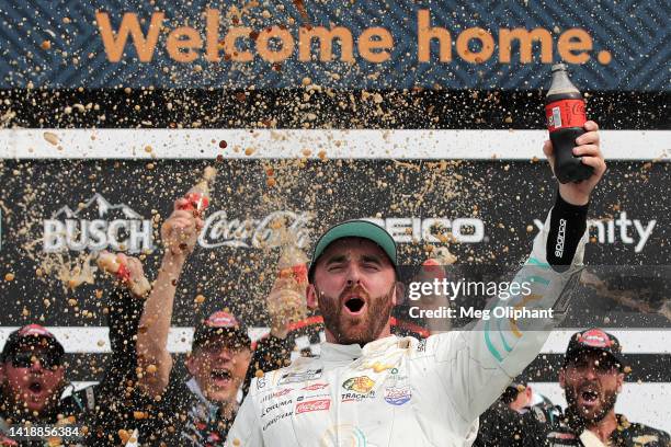 Austin Dillon, driver of the BREZTRI Chevrolet, celebrates in the Ruoff Mortgage victory lane after winning the NASCAR Cup Series Coke Zero Sugar 400...