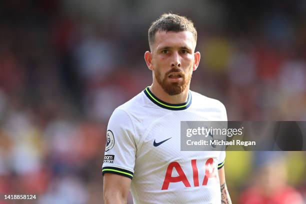 Pierre-Emile Hojbjerg of Tottenham in action during the Premier League match between Nottingham Forest and Tottenham Hotspur at City Ground on August...