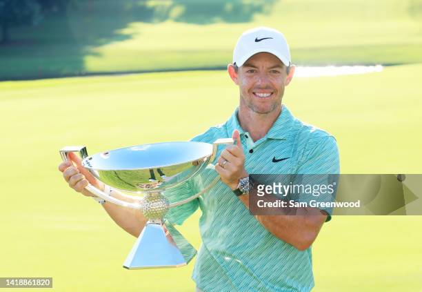 Rory McIlroy of Northern Ireland celebrates with the FedEx Cup after winning during the final round of the TOUR Championship at East Lake Golf Club...