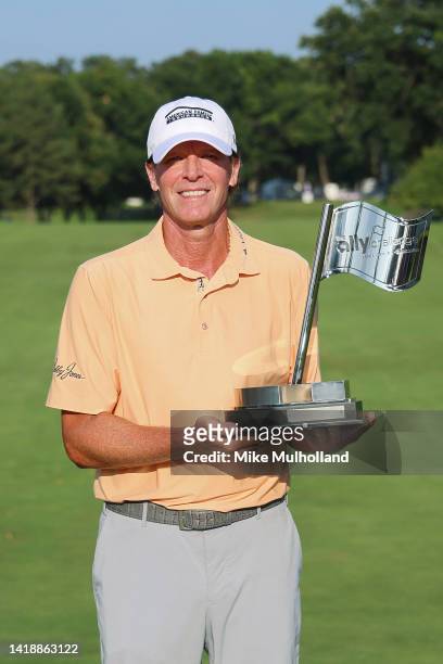 Steve Stricker of the United States poses with the trophy after winning The Ally Challenge at Warwick Hills Golf And Country Club on August 28, 2022...