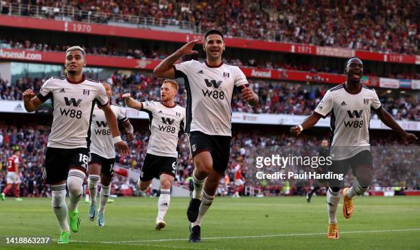 Aleksandar Mitrovic of Fulham celebrates after scoring their team's first goal during the Premier League match between Arsenal FC and Fulham FC at...