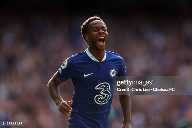 Raheem Sterling of Chelsea celebrates scoring their second goal during the Premier League match between Chelsea FC and Leicester City at Stamford...