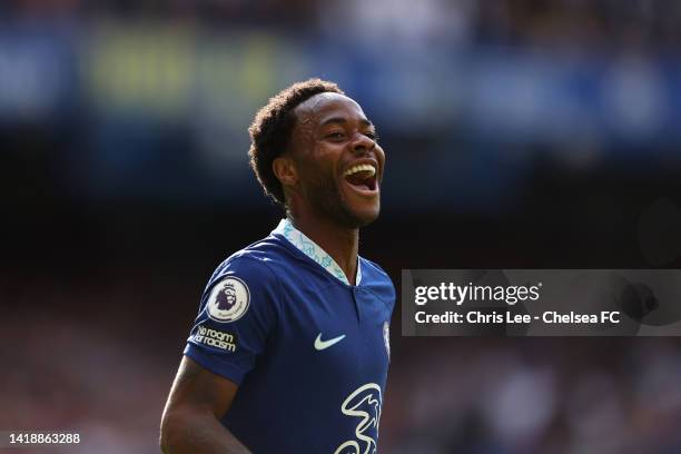 Raheem Sterling of Chelsea celebrates scoring their second goal during the Premier League match between Chelsea FC and Leicester City at Stamford...