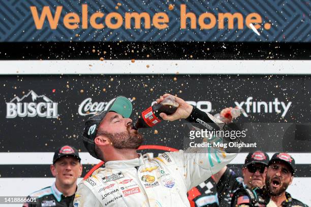 Austin Dillon, driver of the BREZTRI Chevrolet, celebrates in the Ruoff Mortgage victory lane after winning the NASCAR Cup Series Coke Zero Sugar 400...