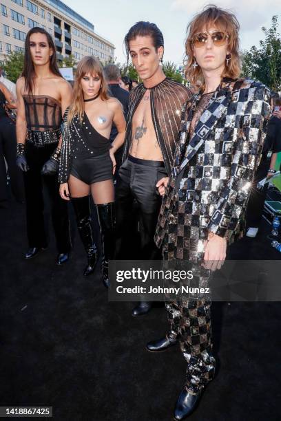 Ethan Torchio, Victoria De Angelis, Damiano David, and Thomas Raggi of Maneskin attendsthe 2022 MTV VMAs at Prudential Center on August 28, 2022 in...