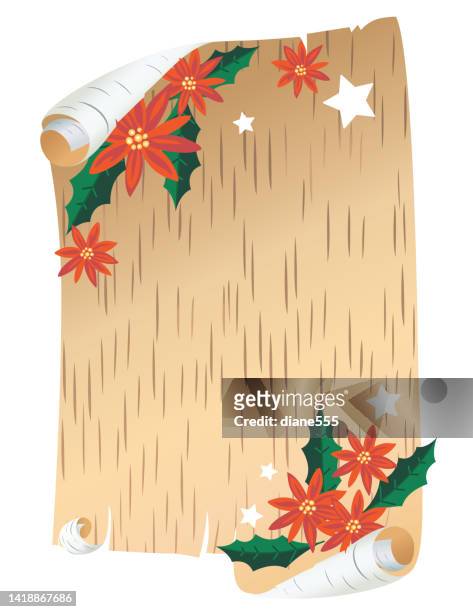 birkenrindenhintergrund mit weihnachtssternen und kopierraum - tree bark stock-grafiken, -clipart, -cartoons und -symbole