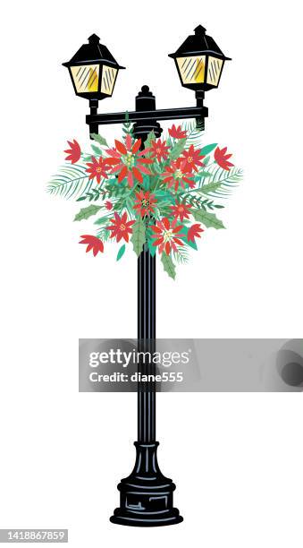 holiday lamp post with poinsettia and evergreens - street light post stock illustrations