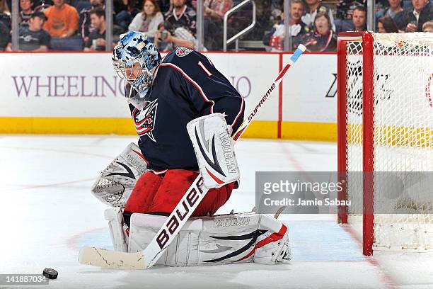 Goaltender Steve Mason of the Columbus Blue Jackets makes a save against the Carolina Hurricanes on March 23, 2012 at Nationwide Arena in Columbus,...
