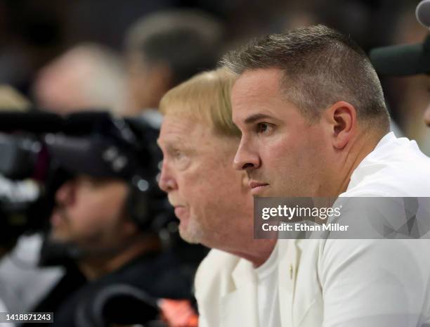 Las Vegas Raiders owner and managing general partner and Las Vegas Aces owner Mark Davis and head coach Josh McDaniels of the Raiders attend Game One...