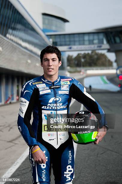 Aleix Espargaro of Spain and Power Electronics Aspar poses in pit during the third day of testing of MotoGP Tests In Jerez at Circuito de Jerez on...