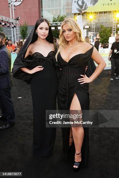 Sofia Carson and Bebe Rexha attends the 2022 MTV VMAs at Prudential Center on August 28, 2022 in Newark, New Jersey.