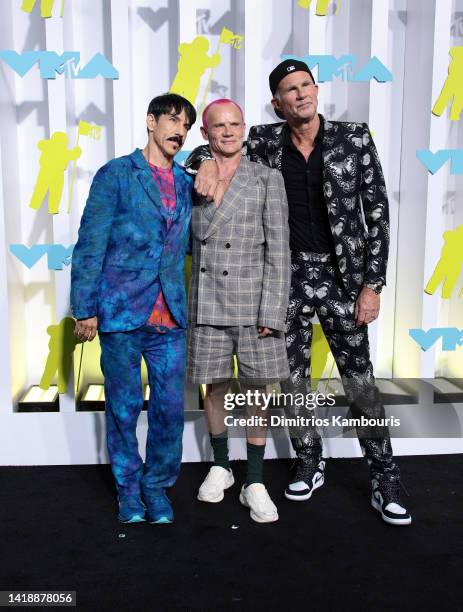 Anthony Kiedis, Flea and Chad Smith of Red Hot Chili Peppers attend the 2022 MTV VMAs at Prudential Center on August 28, 2022 in Newark, New Jersey.