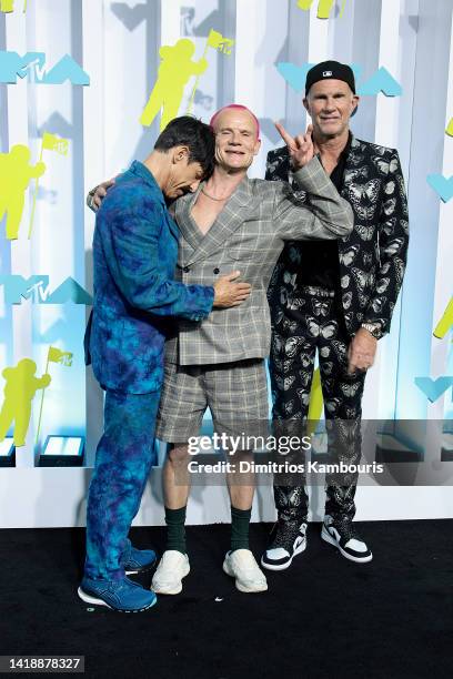 Anthony Kiedis, Flea, and Chad Smith of Red Hot Chili Peppers attend the 2022 MTV VMAs at Prudential Center on August 28, 2022 in Newark, New Jersey.